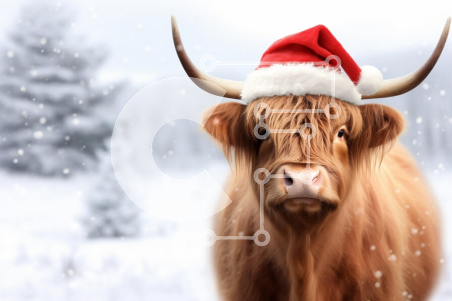 Σετ των 2 Intra Συλλεκτικό Ξύλινο Παζλ Plywood  4mm - Αγελάδα Highland με καπέλο Santa σε ένα χιονισμένο τοπίο Σε Ξύλινο Κουτί - Διαστάσεις: 10x10 cm – 25 κομμάτια