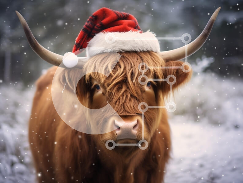 Σετ των 2 Intra Συλλεκτικό Ξύλινο Παζλ Plywood  4mm - Αγελάδα Highland με καπέλο Santa στο χιονισμένο τοπίο Σε Ξύλινο Κουτί - Διαστάσεις: 10x10 cm – 25 κομμάτια