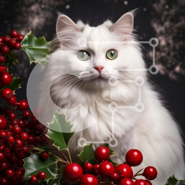 Intra Συλλεκτικό Ξύλινο Παζλ Plywood  4mm - Αφράτη λευκή γάτα που περιβάλλεται από μούρα διακοπών και Holly Σε Ξύλινο Κουτί - Διαστάσεις: 10x10 cm – 25 κομμάτια