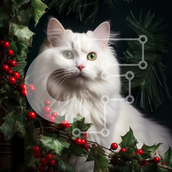 Intra Συλλεκτικό Ξύλινο Παζλ Plywood  4mm - Αφράτη λευκή γάτα που περιβάλλεται από το πράσινο των διακοπών Σε Ξύλινο Κουτί - Διαστάσεις: 10x10 cm – 25 κομμάτια