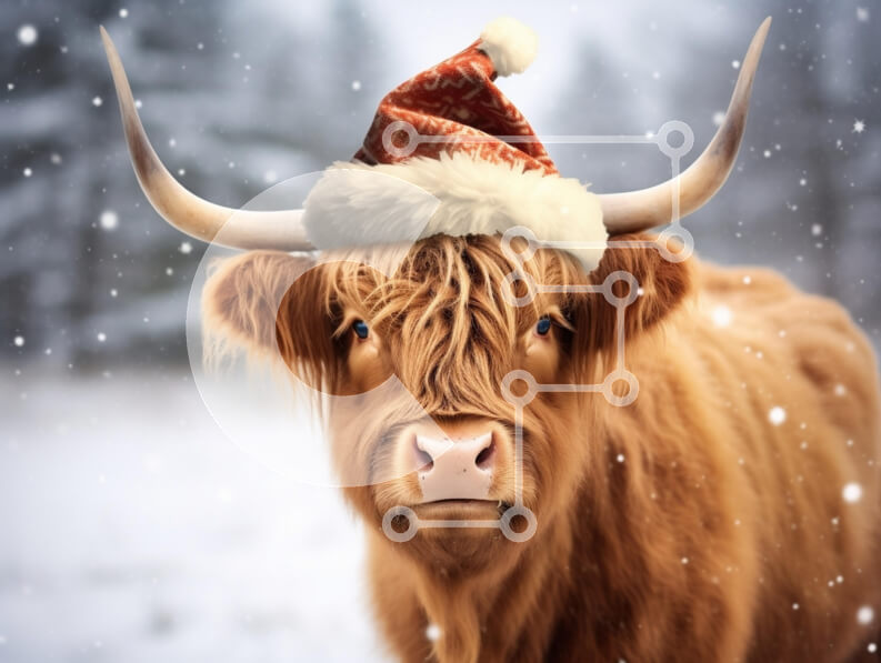 Σετ των 2 Intra Συλλεκτικό Ξύλινο Παζλ Plywood  4mm - Αγελάδα Highland με χριστουγεννιάτικο καπέλο σε χιονισμένο τοπίο Σε Ξύλινο Κουτί - Διαστάσεις: 10x10 cm – 25 κομμάτια