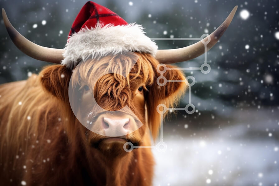 Σετ των 2 Intra Συλλεκτικό Ξύλινο Παζλ Plywood  4mm - Αγελάδα Highland με χριστουγεννιάτικο καπέλο μέσα στο χιόνι Σε Ξύλινο Κουτί - Διαστάσεις: 10x10 cm – 25 κομμάτια