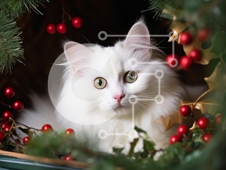 Σετ των 2 Intra Συλλεκτικό Ξύλινο Παζλ Plywood  4mm - Αφράτη λευκή γάτα ανάμεσα στις γιορτινές διακοσμήσεις Σε Ξύλινο Κουτί - Διαστάσεις: 10x10 cm – 25 κομμάτια