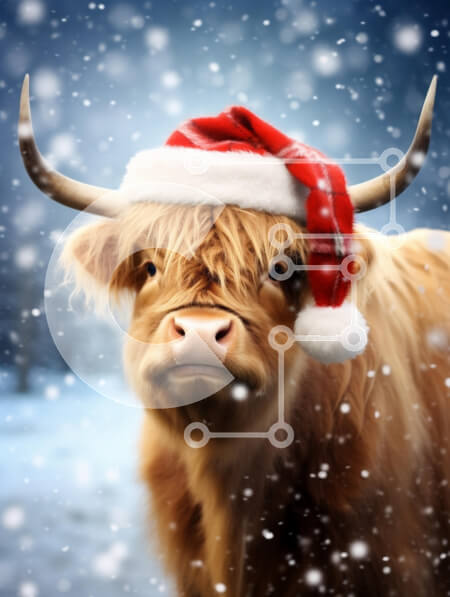 Σετ των 2 Intra Συλλεκτικό Ξύλινο Παζλ Plywood  4mm - Αγελάδα Highland με χριστουγεννιάτικο καπέλο ανάμεσα στο χιόνι Σε Ξύλινο Κουτί - Διαστάσεις: 10x10 cm – 25 κομμάτια