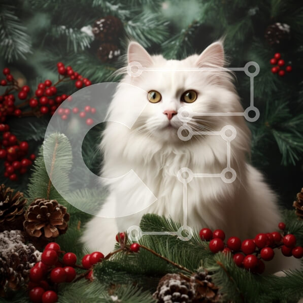 Intra Συλλεκτικό Ξύλινο Παζλ Plywood  4mm - Λευκή γάτα που περιβάλλεται από διακόσμηση διακοπών Σε Ξύλινο Κουτί - Διαστάσεις: 10x10 cm – 25 κομμάτια