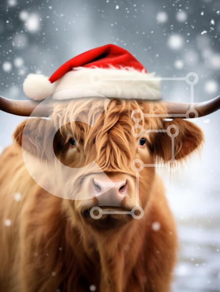 Σετ των 2 Intra Συλλεκτικό Ξύλινο Παζλ Plywood  4mm - Αγελάδα Highland με καπέλο Santa με χιονοπτώσεις Σε Ξύλινο Κουτί - Διαστάσεις: 10x10 cm – 25 κομμάτια