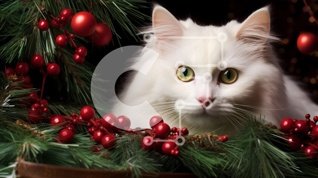 Intra Συλλεκτικό Ξύλινο Παζλ Plywood  4mm - Λευκή γάτα που περιβάλλεται από χριστουγεννιάτικη διακόσμηση Σε Ξύλινο Κουτί - Διαστάσεις: 10x10 cm – 25 κομμάτια