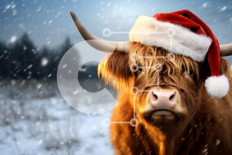 Σετ των 2 Intra Συλλεκτικό Ξύλινο Παζλ Plywood  4mm - Αγελάδα Highland με καπέλο Santa στο χειμερινό τοπίο Σε Ξύλινο Κουτί - Διαστάσεις: 10x10 cm – 25 κομμάτια