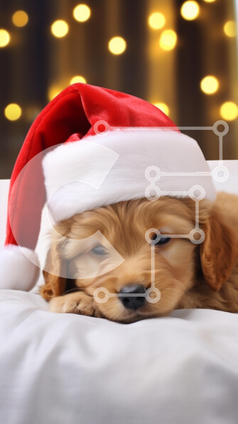 Σετ των 2 Intra Συλλεκτικό Ξύλινο Παζλ Plywood  4mm - Χρυσό κουτάβι με καπέλο Άγιου Βασίλη κατά τη διάρκεια των διακοπών Σε Ξύλινο Κουτί - Διαστάσεις: 10x10 cm – 25 κομμάτια