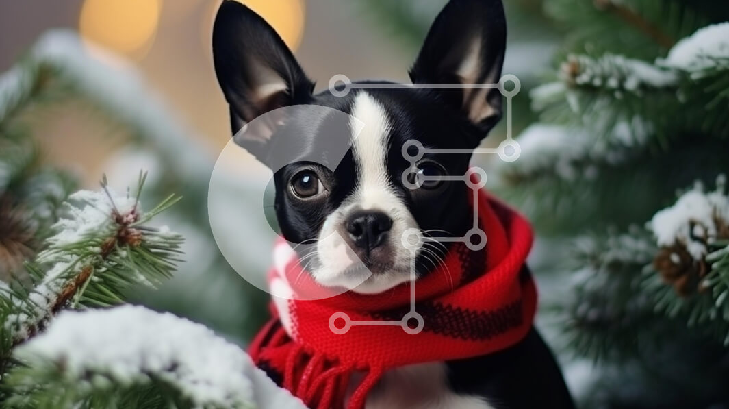 Σετ των 2 Intra Συλλεκτικό Ξύλινο Παζλ Plywood  4mm - Boston Terrier σε χειμερινό σκηνικό με κόκκινο κασκόλ Σε Ξύλινο Κουτί - Διαστάσεις: 10x10 cm – 25 κομμάτια