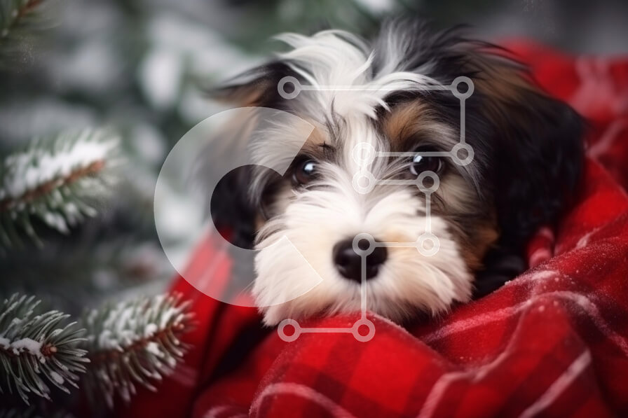 Σετ των 2 Intra Συλλεκτικό Ξύλινο Παζλ Plywood  4mm - Κουτάβι τυλιγμένο σε κουβέρτα που περιβάλλεται από χειμερινή διακόσμηση Σε Ξύλινο Κουτί - Διαστάσεις: 10x10 cm – 25 κομμάτια