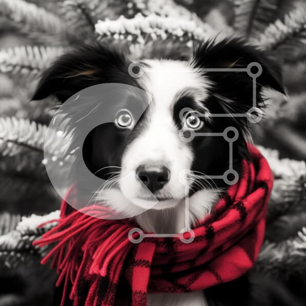 Intra Συλλεκτικό Ξύλινο Παζλ Plywood  4mm - Border Collie με καρό κασκόλ Μέσα σε Χιονισμένο Evergreen Σε Ξύλινο Κουτί - Διαστάσεις: 10x10 cm – 25 κομμάτια