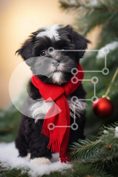 Σετ των 2 Intra Συλλεκτικό Ξύλινο Παζλ Plywood  4mm - Κουτάβι με κόκκινο μαντήλι μπροστά από ένα χριστουγεννιάτικο δέντρο Σε Ξύλινο Κουτί - Διαστάσεις: 10x10 cm – 25 κομμάτια