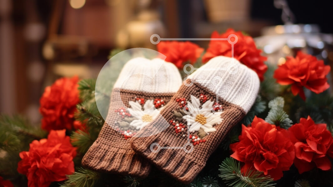 Intra Συλλεκτικό Ξύλινο Παζλ Plywood  4mm - Πλεκτά γάντια με λουλούδια στην εορταστική διακόσμηση Σε Ξύλινο Κουτί - Διαστάσεις: 10x10 cm – 25 κομμάτια