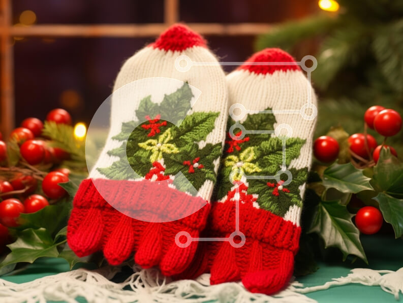 Intra Συλλεκτικό Ξύλινο Παζλ Plywood  4mm - Χριστουγεννιάτικα γιορτινά γάντια με σχέδιο Holly Σε Ξύλινο Κουτί - Διαστάσεις: 10x10 cm – 25 κομμάτια