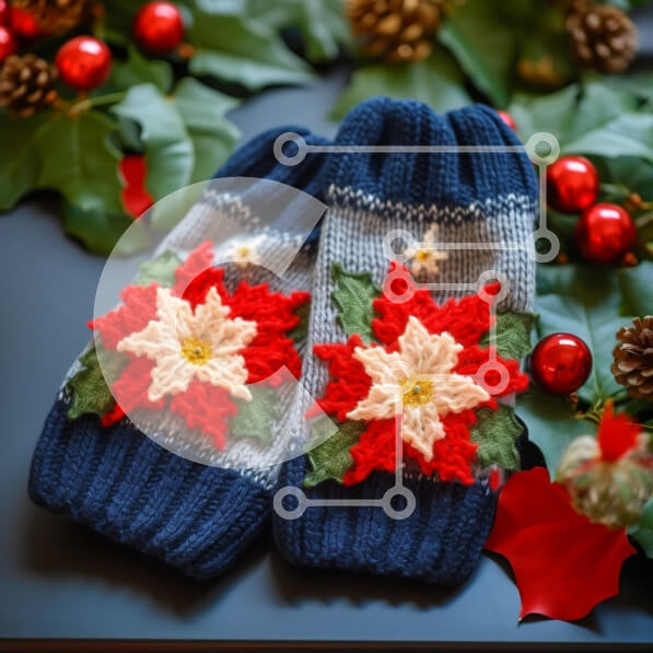 Intra Συλλεκτικό Ξύλινο Παζλ Plywood  4mm - Πλεκτά γάντια με σχέδιο Poinsettia για τις γιορτές Σε Ξύλινο Κουτί - Διαστάσεις: 10x10 cm – 25 κομμάτια