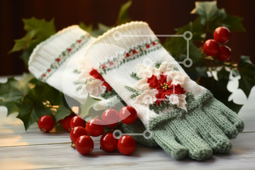 Intra Συλλεκτικό Ξύλινο Παζλ Plywood  4mm - Γιορτινά πλεκτά γάντια με Poinsettia και Holly Σε Ξύλινο Κουτί - Διαστάσεις: 10x10 cm – 25 κομμάτια