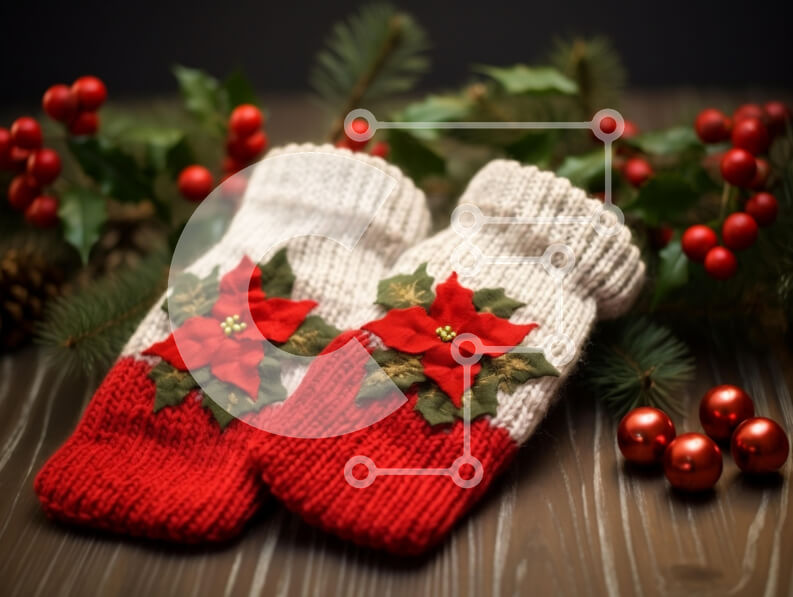 Intra Συλλεκτικό Ξύλινο Παζλ Plywood  4mm - Γιορτινά Χειροποίητα Πλεκτά Γάντια με Διακοσμητικά Poinsettia Σε Ξύλινο Κουτί - Διαστάσεις: 10x10 cm – 25 κομμάτια