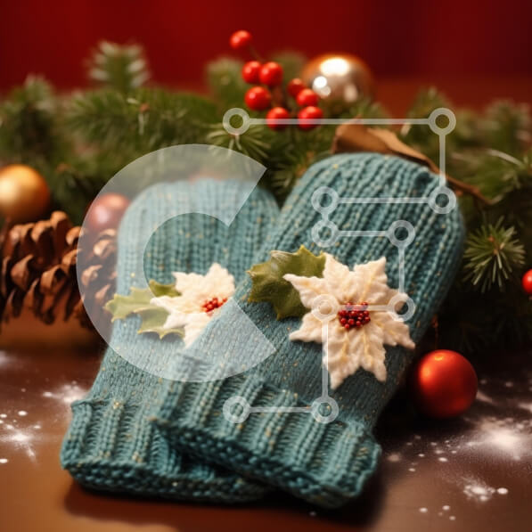 Intra Συλλεκτικό Ξύλινο Παζλ Plywood  4mm - Εορταστικά γαλαζοπράσινα γάντια με Poinsettia και Holly Σε Ξύλινο Κουτί - Διαστάσεις: 10x10 cm – 25 κομμάτια