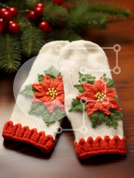 Intra Συλλεκτικό Ξύλινο Παζλ Plywood  4mm - Χειροποίητα γάντια διακοπών με σχέδιο Poinsettia Σε Ξύλινο Κουτί - Διαστάσεις: 10x10 cm – 25 κομμάτια