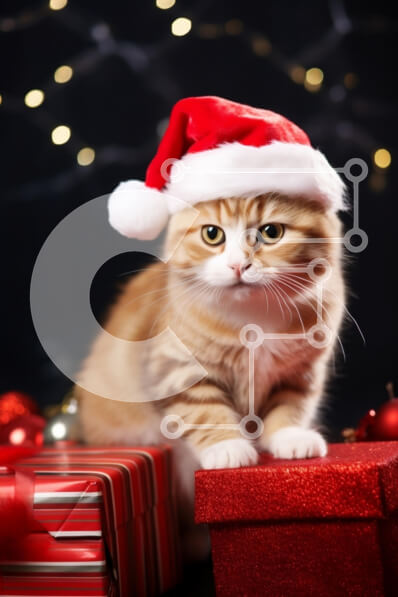 Σετ των 2 Intra Συλλεκτικό Ξύλινο Παζλ Plywood  4mm - Γιορτινή γάτα με καπέλο Άγιου Βασίλη με δώρα γιορτών Σε Ξύλινο Κουτί - Διαστάσεις: 10x10 cm – 25 κομμάτια