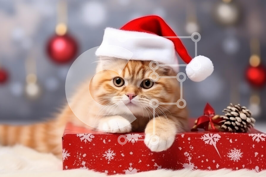 Σετ των 2 Intra Συλλεκτικό Ξύλινο Παζλ Plywood  4mm - Παιχνιδιάρικη γάτα με καπέλο Άγιου Βασίλη για δώρο διακοπών Σε Ξύλινο Κουτί - Διαστάσεις: 10x10 cm – 25 κομμάτια