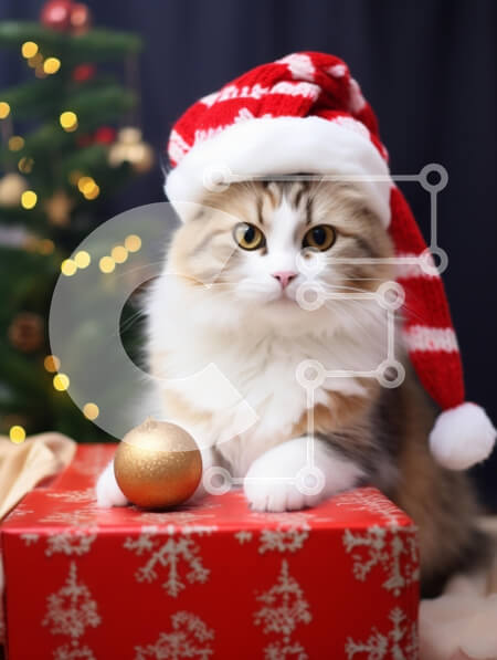 Σετ των 2 Intra Συλλεκτικό Ξύλινο Παζλ Plywood  4mm - Γιορτινή γάτα με καπέλο Άγιου Βασίλη με χριστουγεννιάτικα στολίδια Σε Ξύλινο Κουτί - Διαστάσεις: 10x10 cm – 25 κομμάτια