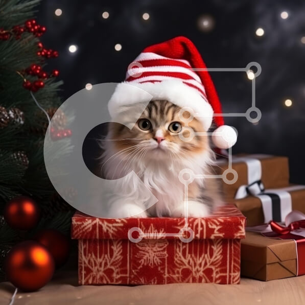 Intra Συλλεκτικό Ξύλινο Παζλ Plywood  4mm - Χαριτωμένο γατάκι με χριστουγεννιάτικο καπέλο μέσα σε κουτί δώρου Σε Ξύλινο Κουτί - Διαστάσεις: 10x10 cm – 25 κομμάτια