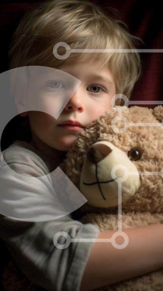 Intra Συλλεκτικό Ξύλινο Παζλ Plywood  4mm - Γλυκιά στιγμή απαθανατίστηκε: Νεαρό αγόρι και αρκουδάκι στον κόκκινο καναπέ Σε Ξύλινο Κουτί - Διαστάσεις Puzzle: 10x10 cm – 25 κομμάτια