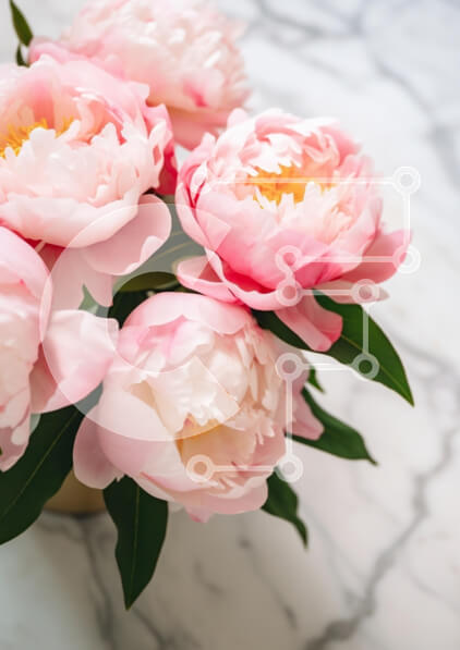 Intra Συλλεκτικό Ξύλινο Παζλ Plywood  4mm - Μπουκέτο με ροζ παιώνιες σε μαρμάρινη επιφάνεια Σε Ξύλινο Κουτί - Διαστάσεις Puzzle: 10x10 cm – 25 κομμάτια