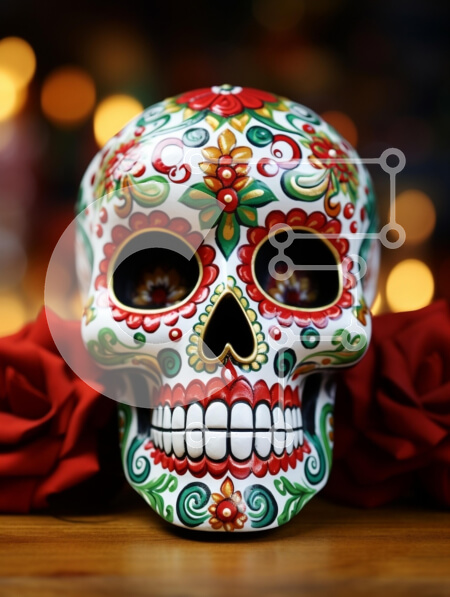 Intra Συλλεκτικό Ξύλινο Παζλ Plywood  4mm - Πολύχρωμο Sugar Skull με τριαντάφυλλα για την Ημέρα των Νεκρών Σε Ξύλινο Κουτί - Διαστάσεις: 10x10 cm – 25 κομμάτια