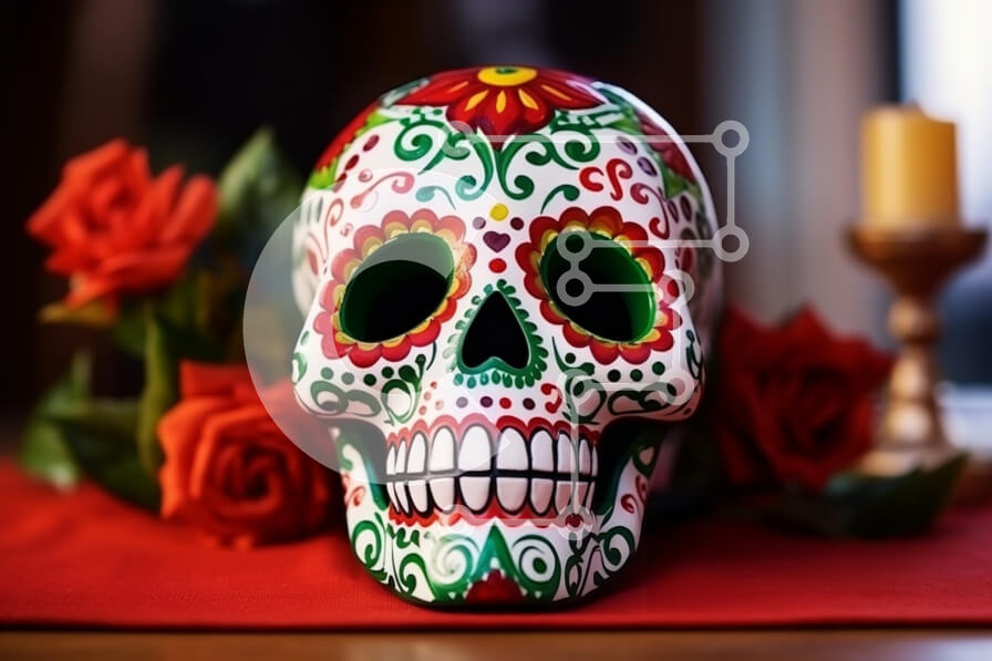 Intra Συλλεκτικό Ξύλινο Παζλ Plywood  4mm - Πολύχρωμο κρανίο ζάχαρης με τριαντάφυλλα Σε Ξύλινο Κουτί - Διαστάσεις: 10x10 cm – 25 κομμάτια