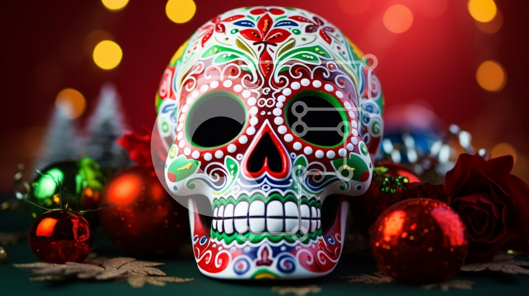 Intra Συλλεκτικό Ξύλινο Παζλ Plywood  4mm - Ζαχαροκρανίο με ζωηρά διακόσμηση που περιβάλλεται από εορταστικά στολίδια Σε Ξύλινο Κουτί - Διαστάσεις: 10x10 cm – 25 κομμάτια