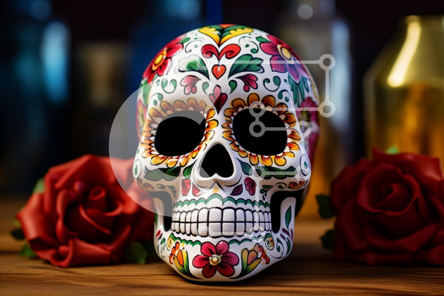 Intra Συλλεκτικό Ξύλινο Παζλ Plywood  4mm - Ζαχαροζάχαρο πολύχρωμο κρανίο με κόκκινα τριαντάφυλλα Σε Ξύλινο Κουτί - Διαστάσεις: 10x10 cm – 25 κομμάτια