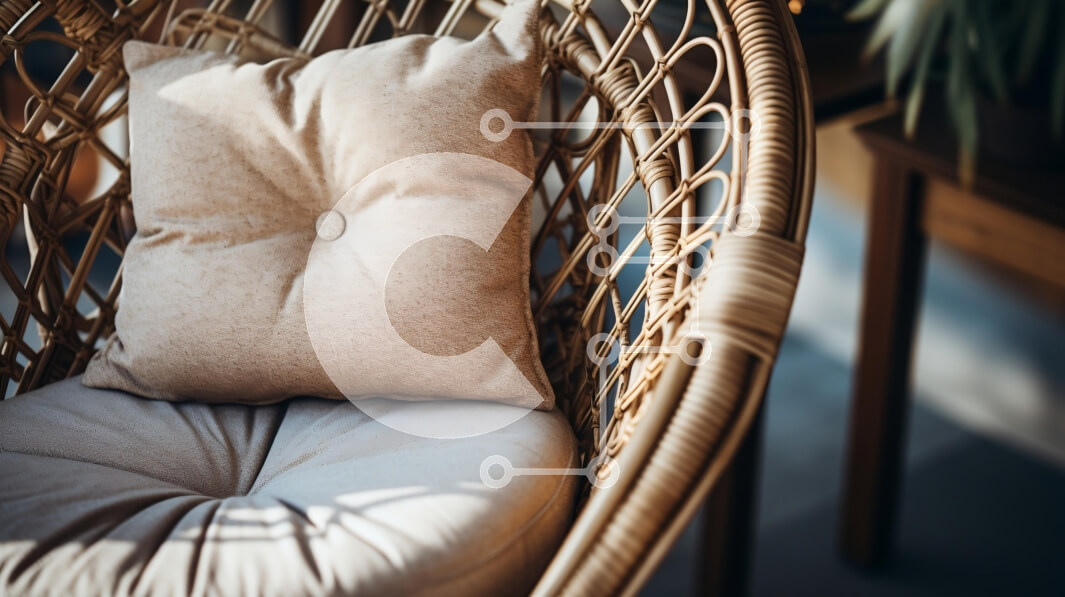 Intra Συλλεκτικό Ξύλινο Παζλ Plywood  4mm - Άνετη καρέκλα Rattan με μαξιλάρι σε ηλιόλουστο δωμάτιο Σε Ξύλινο Κουτί - Διαστάσεις Puzzle: 10x10 cm – 25 κομμάτια