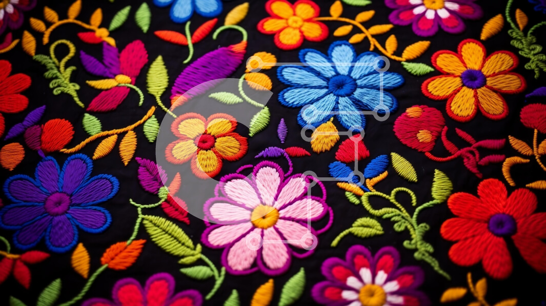 Intra Συλλεκτικό Ξύλινο Παζλ Plywood  4mm - Πολύχρωμο κεντημένο λουλουδάτο σχέδιο σε μαύρο ύφασμα Σε Ξύλινο Κουτί - Διαστάσεις Puzzle: 10x10 cm – 25 κομμάτια