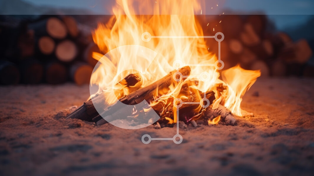 Intra Συλλεκτικό Ξύλινο Παζλ Plywood  4mm - Φωτιά σε αμμώδες έδαφος με κούτσουρα στο παρασκήνιο Σε Ξύλινο Κουτί - Διαστάσεις: 10x10 cm – 25 κομμάτια