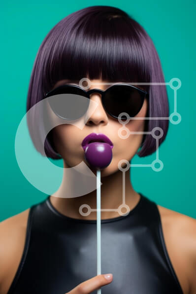 Intra Συλλεκτικό Ξύλινο Παζλ Plywood  4mm - Μοντέρνα γυναίκα με μωβ μαλλιά και γλειφιτζούρι Σε Ξύλινο Κουτί - Διαστάσεις Puzzle: 10x10 cm – 25 κομμάτια