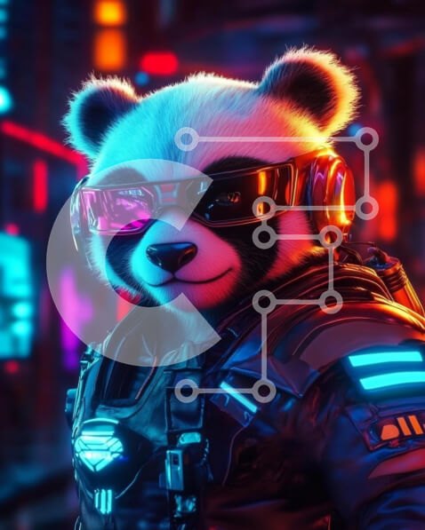 Σετ των 2 Intra Συλλεκτικό Ξύλινο Παζλ Plywood  4mm - Φουτουριστικός χαρακτήρας Panda στην πόλη του Νέον Σε Ξύλινο Κουτί - Διαστάσεις: 10x10 cm – 25 κομμάτια