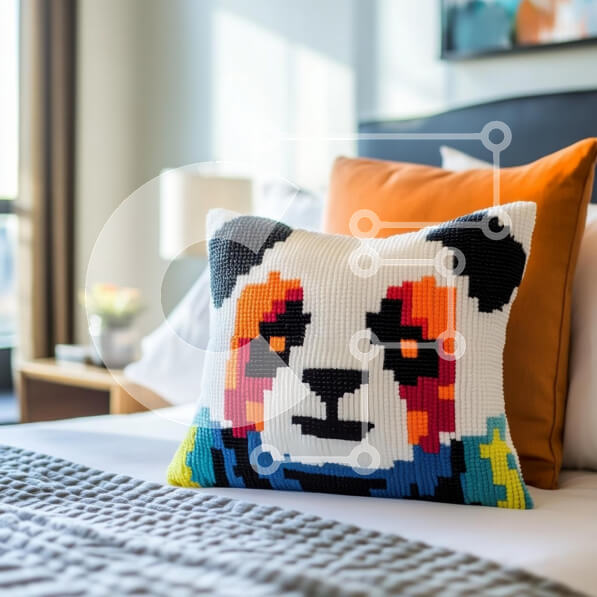 Intra Συλλεκτικό Ξύλινο Παζλ Plywood  4mm - Πολύχρωμο μαξιλάρι Panda σε ένα κρεβάτι Σε Ξύλινο Κουτί - Διαστάσεις Puzzle: 10x10 cm – 25 κομμάτια