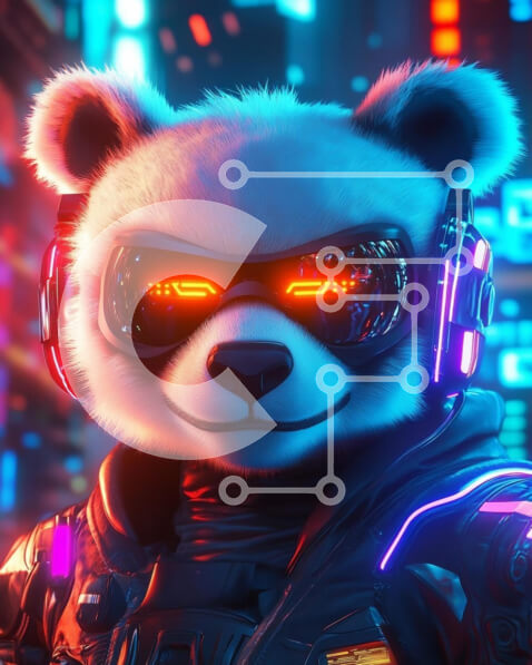 Intra Συλλεκτικό Ξύλινο Παζλ Plywood  4mm - Φουτουριστικός χαρακτήρας Panda σε σκηνικό νέον Σε Ξύλινο Κουτί - Διαστάσεις Puzzle: 10x10 cm – 25 κομμάτια