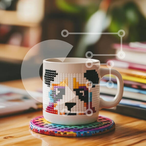 Intra Συλλεκτικό Ξύλινο Παζλ Plywood  4mm - Πολύχρωμη κούπα Panda σε ένα σουβέρ Σε Ξύλινο Κουτί - Διαστάσεις: 10x10 cm – 25 κομμάτια