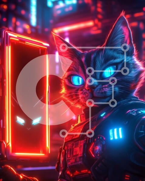 Σετ των 2 Intra Συλλεκτικό Ξύλινο Παζλ Plywood  4mm - Κυβερνητική γάτα σε περιβάλλον νέον Σε Ξύλινο Κουτί - Διαστάσεις: 10x10 cm – 25 κομμάτια