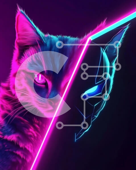 Σετ των 2 Intra Συλλεκτικό Ξύλινο Παζλ Plywood  4mm - Στυλιζαρισμένη γάτα με μάσκα νέον Σε Ξύλινο Κουτί - Διαστάσεις: 10x10 cm – 25 κομμάτια