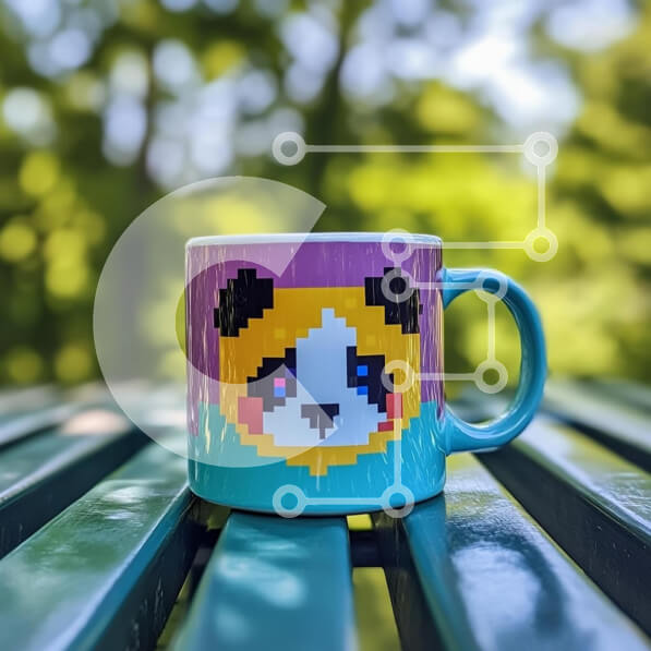 Intra Συλλεκτικό Ξύλινο Παζλ Plywood  4mm - Πολύχρωμη κούπα Panda Art Pixel σε πράσινο τραπέζι Σε Ξύλινο Κουτί - Διαστάσεις: 10x10 cm – 25 κομμάτια