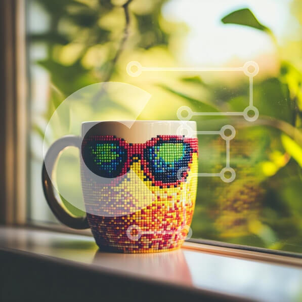 Intra Συλλεκτικό Ξύλινο Παζλ Plywood  4mm - Πολύχρωμη κούπα pixelated με σχέδιο γυαλιών ηλίου Σε Ξύλινο Κουτί - Διαστάσεις: 10x10 cm – 25 κομμάτια