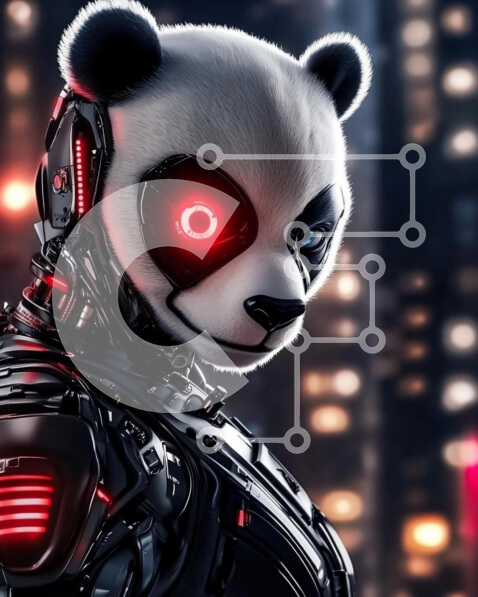 Intra Συλλεκτικό Ξύλινο Παζλ Plywood  4mm - Φουτουριστικό ρομπότ Panda σε αστικό περιβάλλον Σε Ξύλινο Κουτί - Διαστάσεις Puzzle: 10x10 cm – 25 κομμάτια