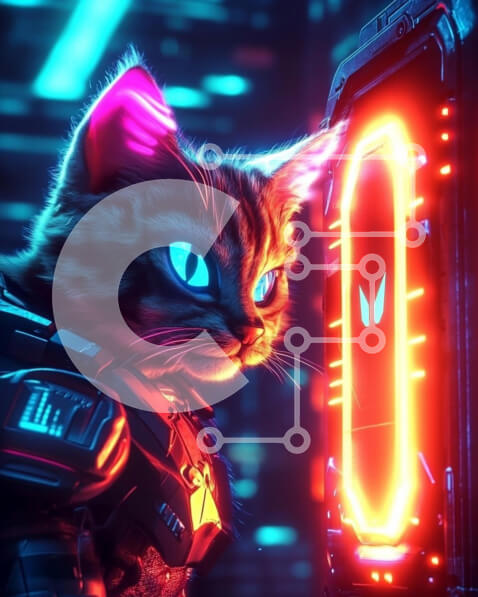 Σετ των 2 Intra Συλλεκτικό Ξύλινο Παζλ Plywood  4mm - Φουτουριστική γάτα σε περιβάλλον νέον Σε Ξύλινο Κουτί - Διαστάσεις: 10x10 cm – 25 κομμάτια