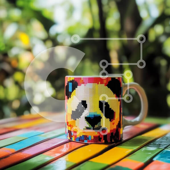 Intra Συλλεκτικό Ξύλινο Παζλ Plywood  4mm - Πολύχρωμη κούπα Panda σε ξύλινο τραπέζι Σε Ξύλινο Κουτί - Διαστάσεις: 10x10 cm – 25 κομμάτια