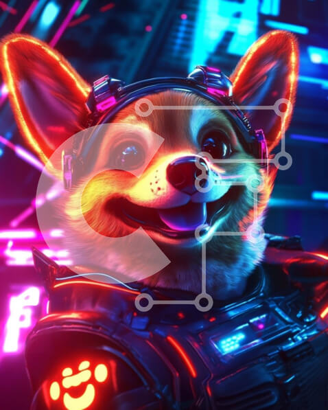 Σετ των 2 Intra Συλλεκτικό Ξύλινο Παζλ Plywood  4mm - Happy Corgi σε φουτουριστικό σκηνικό με φώτα νέον Σε Ξύλινο Κουτί - Διαστάσεις: 10x10 cm – 25 κομμάτια